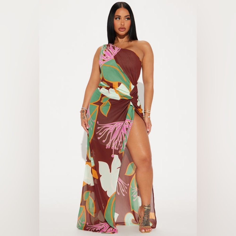 New Fashion Nova Living Tropical Pink Brown Cold Shoulder Maxi Dress Large